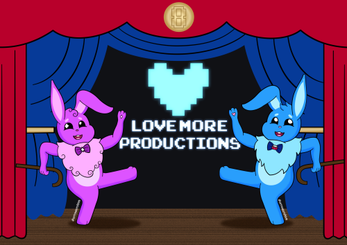 The shiny 8-Bit Bunny (left) doing a vaudeville cane dance with The8BitBunny (right) at a theater called "Love More Productions."