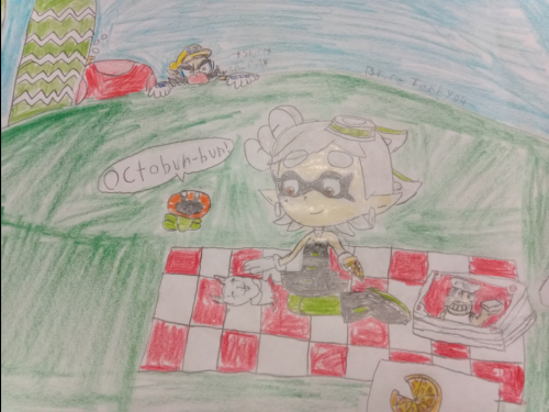 Marie and the Octobunny sharing some pizza, while Wario is trying to steal a box (And yes, that's Peppino on the pizza box)